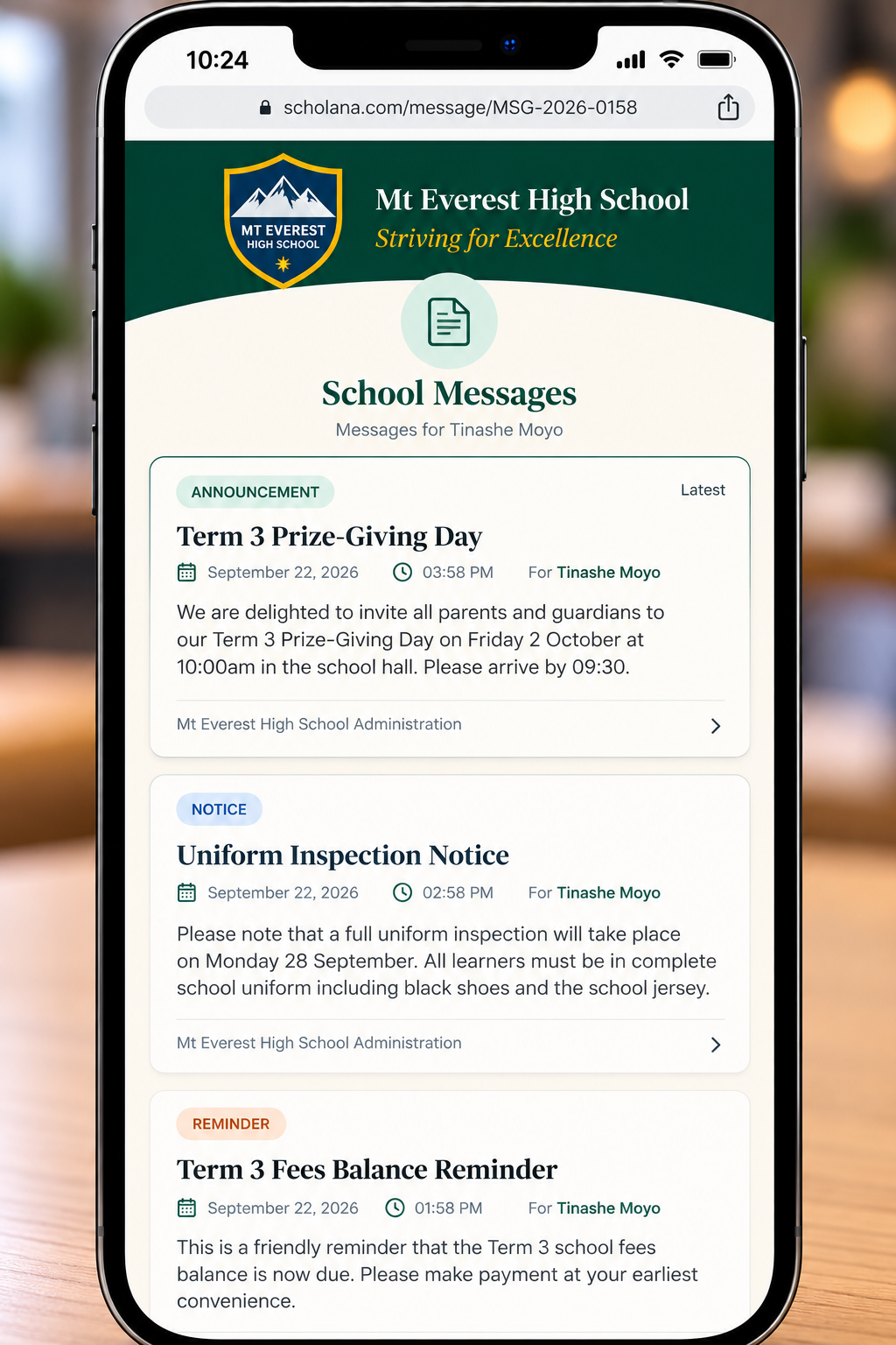 Mt Everest High School messages window listing an announcement, a notice and a reminder, latest first