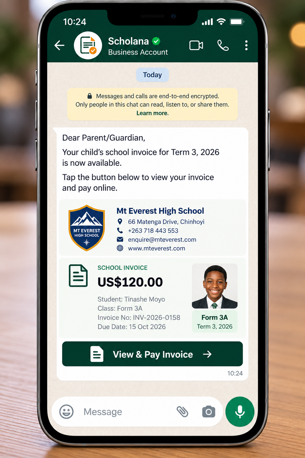 Mt Everest High School fees invoice delivered on WhatsApp by the Scholana Business Account