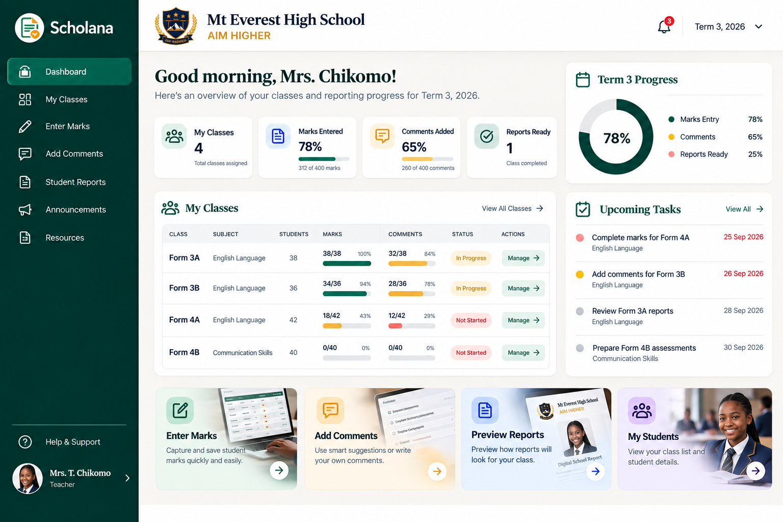 Scholana Teacher Dashboard — classes, marks entered, comments, reports ready and upcoming tasks