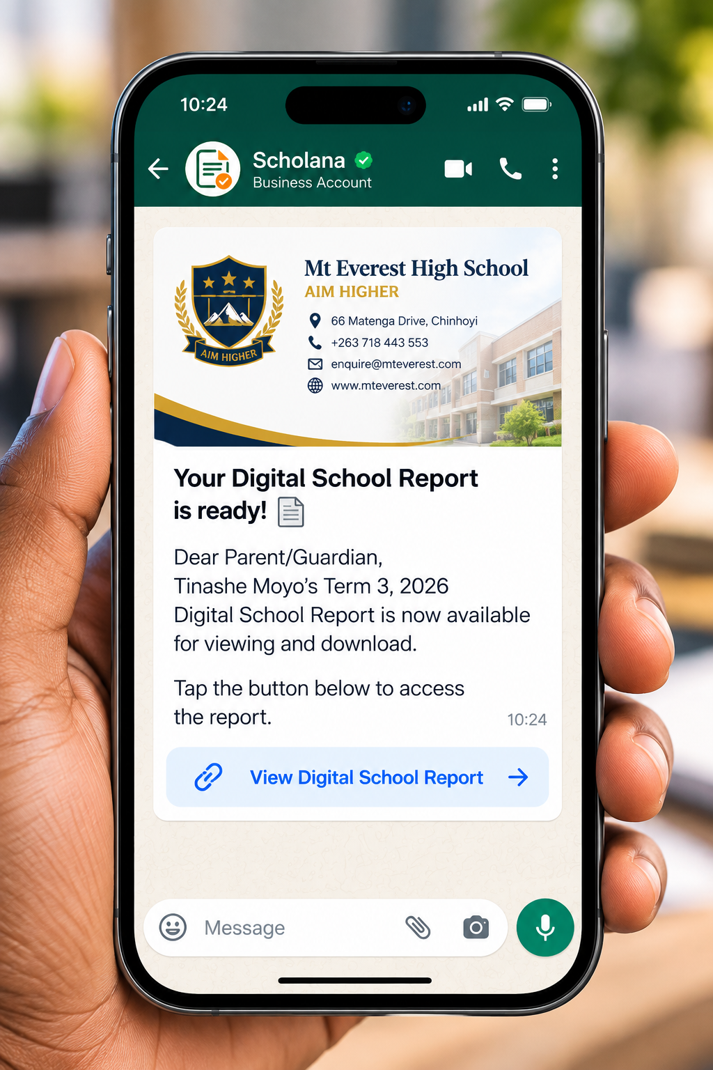 Scholana WhatsApp message with a Mt Everest High School report link