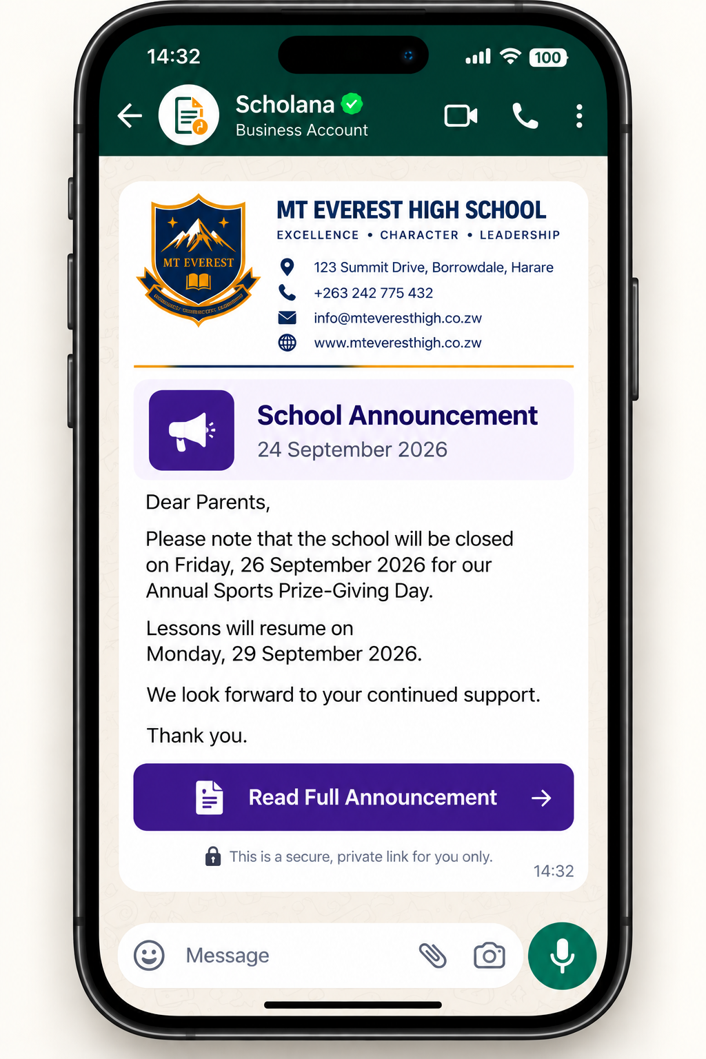 School announcement delivered by the verified Scholana Business Account for Mt Everest High School