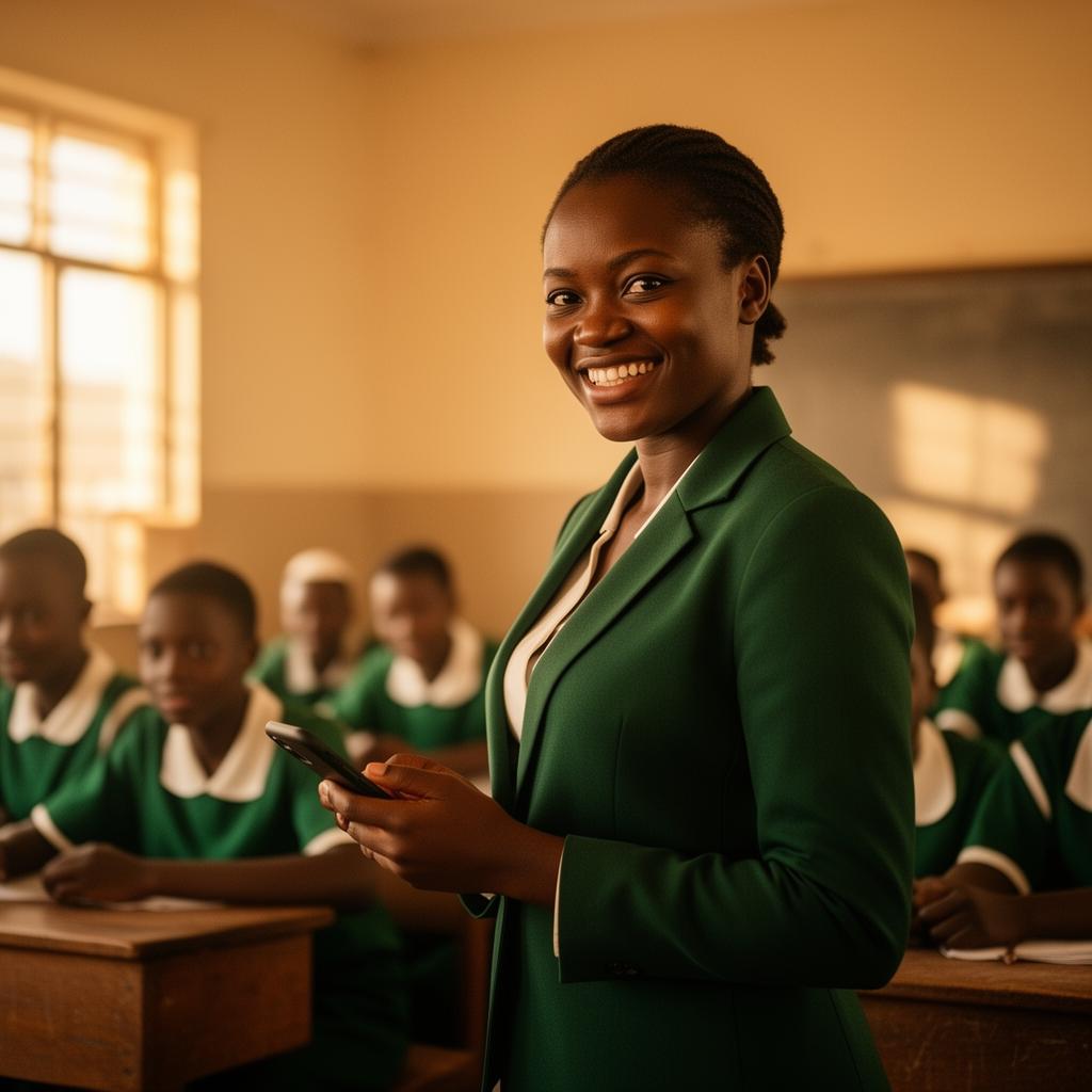 African teacher smiling while using Scholana on her phone in a classroom